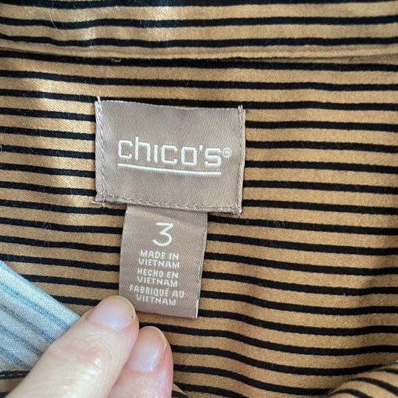 Chico’s black tan Striped button down long sleeve shirt size 3 / XL - Picture 5 of 9